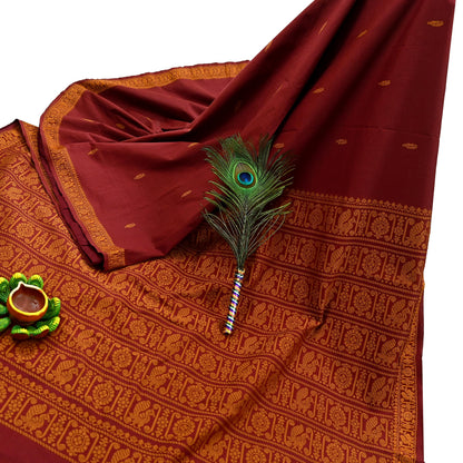 Indian Vintage Sari Maroon & Cream Blend Cotton Hand Woven Baluchari Saree 5yard Ethnic Fringes Peacock