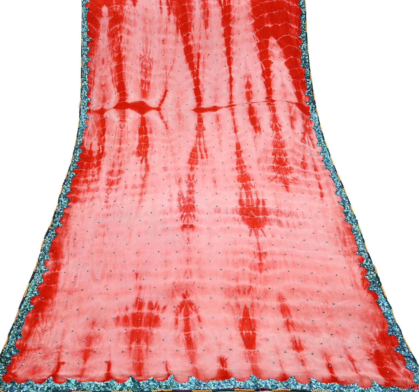 Indian Vintage Peach & Red Saree Pure Crepe Silk Hand Embroidered Tie-Dye Sari Fabric 5yard Sewing Craft Fabric Ethnic zari