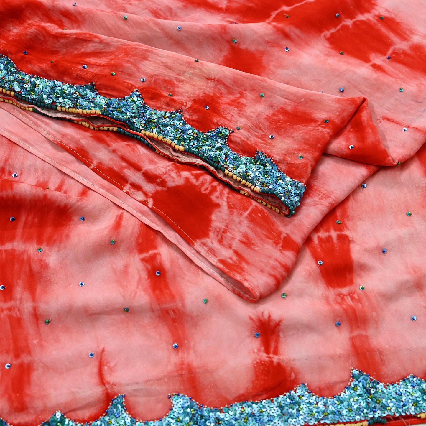 Indian Vintage Peach & Red Saree Pure Crepe Silk Hand Embroidered Tie-Dye Sari Fabric 5yard Sewing Craft Fabric Ethnic zari