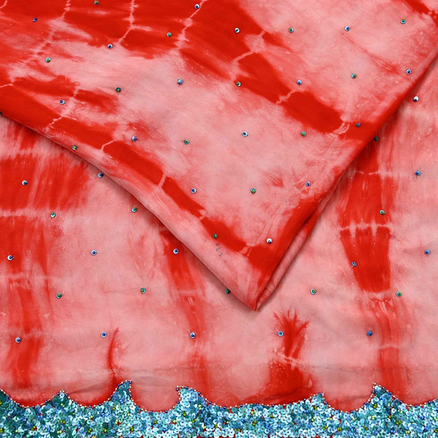 Indian Vintage Peach & Red Saree Pure Crepe Silk Hand Embroidered Tie-Dye Sari Fabric 5yard Sewing Craft Fabric Ethnic zari