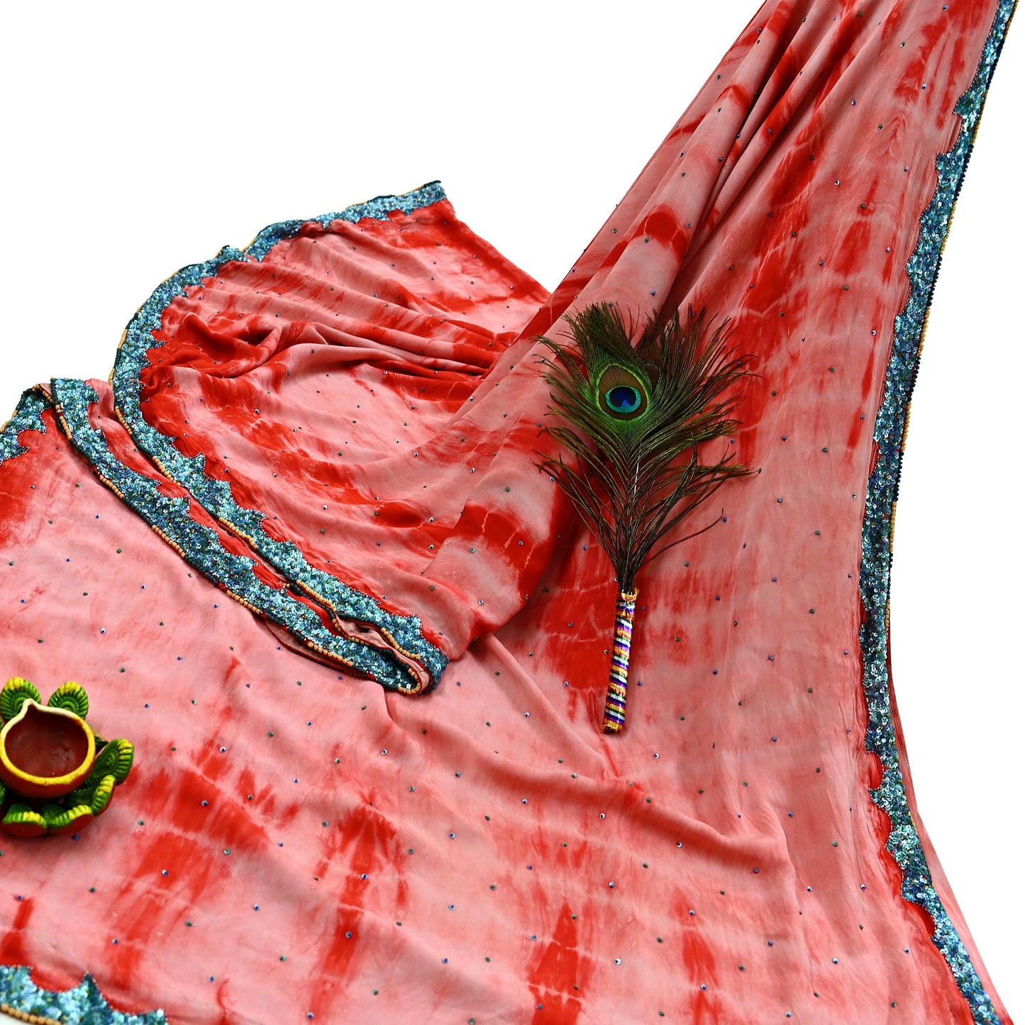 Indian Vintage Peach & Red Saree Pure Crepe Silk Hand Embroidered Tie-Dye Sari Fabric 5yard Sewing Craft Fabric Ethnic zari