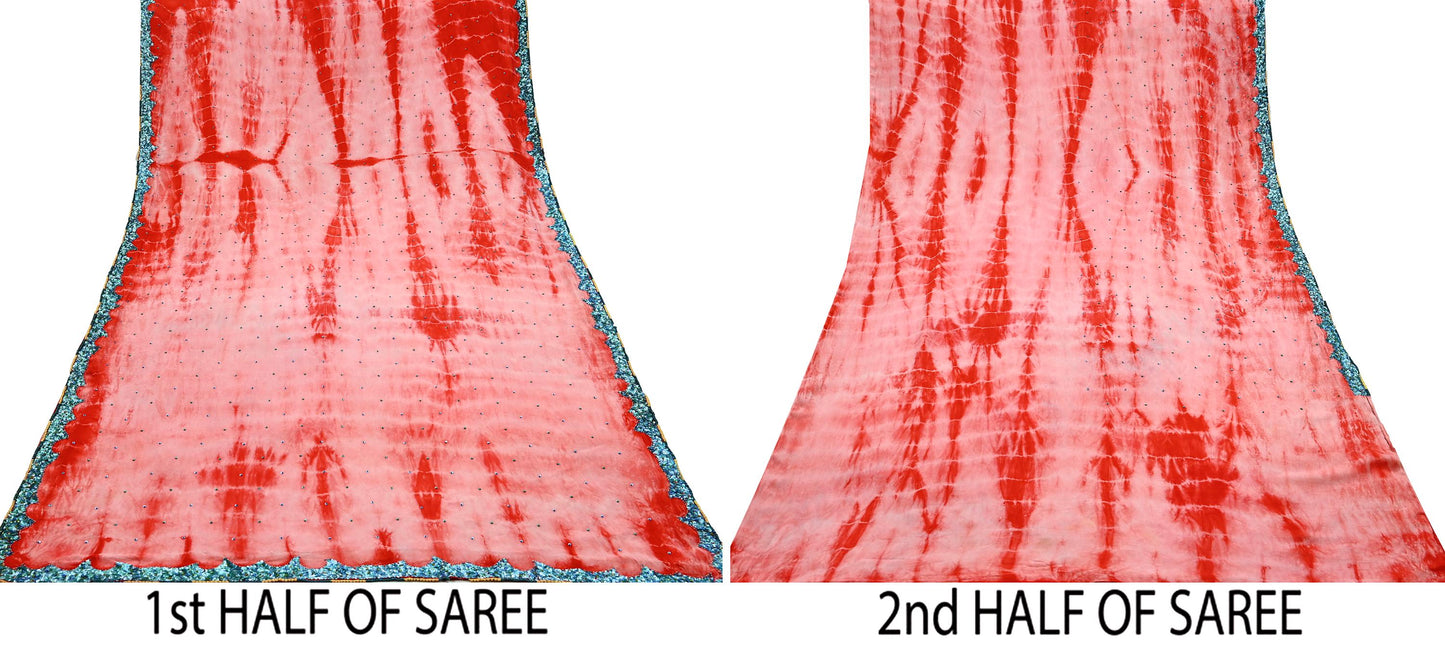 Indian Vintage Peach & Red Saree Pure Crepe Silk Hand Embroidered Tie-Dye Sari Fabric 5yard Sewing Craft Fabric Ethnic zari