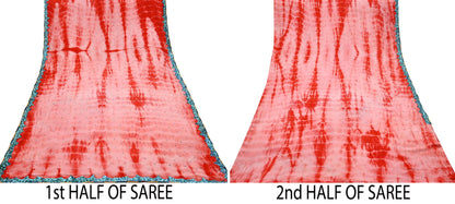 Indian Vintage Peach & Red Saree Pure Crepe Silk Hand Embroidered Tie-Dye Sari Fabric 5yard Sewing Craft Fabric Ethnic zari