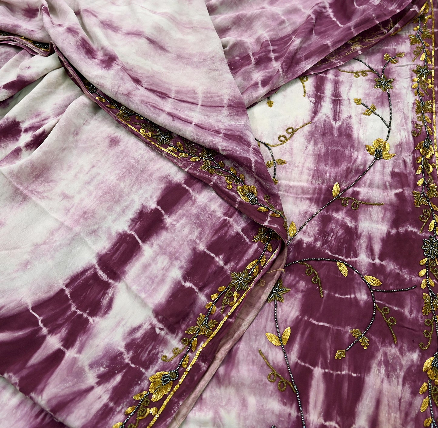 Indian Vintage Purple & Ivory Saree Pure Crepe Silk Hand Embroidered Tie-Dye Sari Fabric 5yard Sewing Craft Fabric Ethnic zari