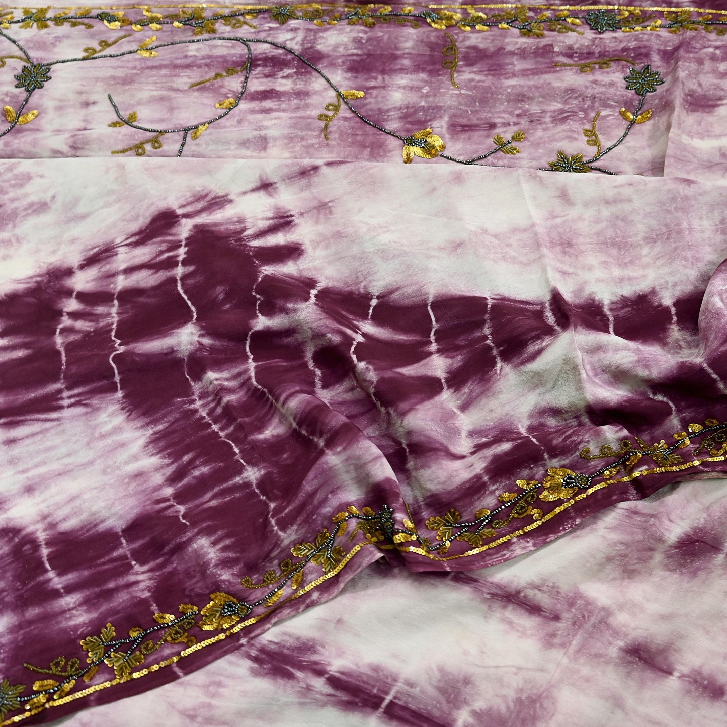 Indian Vintage Purple & Ivory Saree Pure Crepe Silk Hand Embroidered Tie-Dye Sari Fabric 5yard Sewing Craft Fabric Ethnic zari