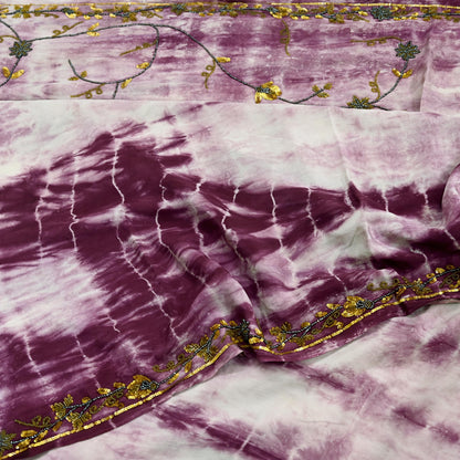 Indian Vintage Purple & Ivory Saree Pure Crepe Silk Hand Embroidered Tie-Dye Sari Fabric 5yard Sewing Craft Fabric Ethnic zari