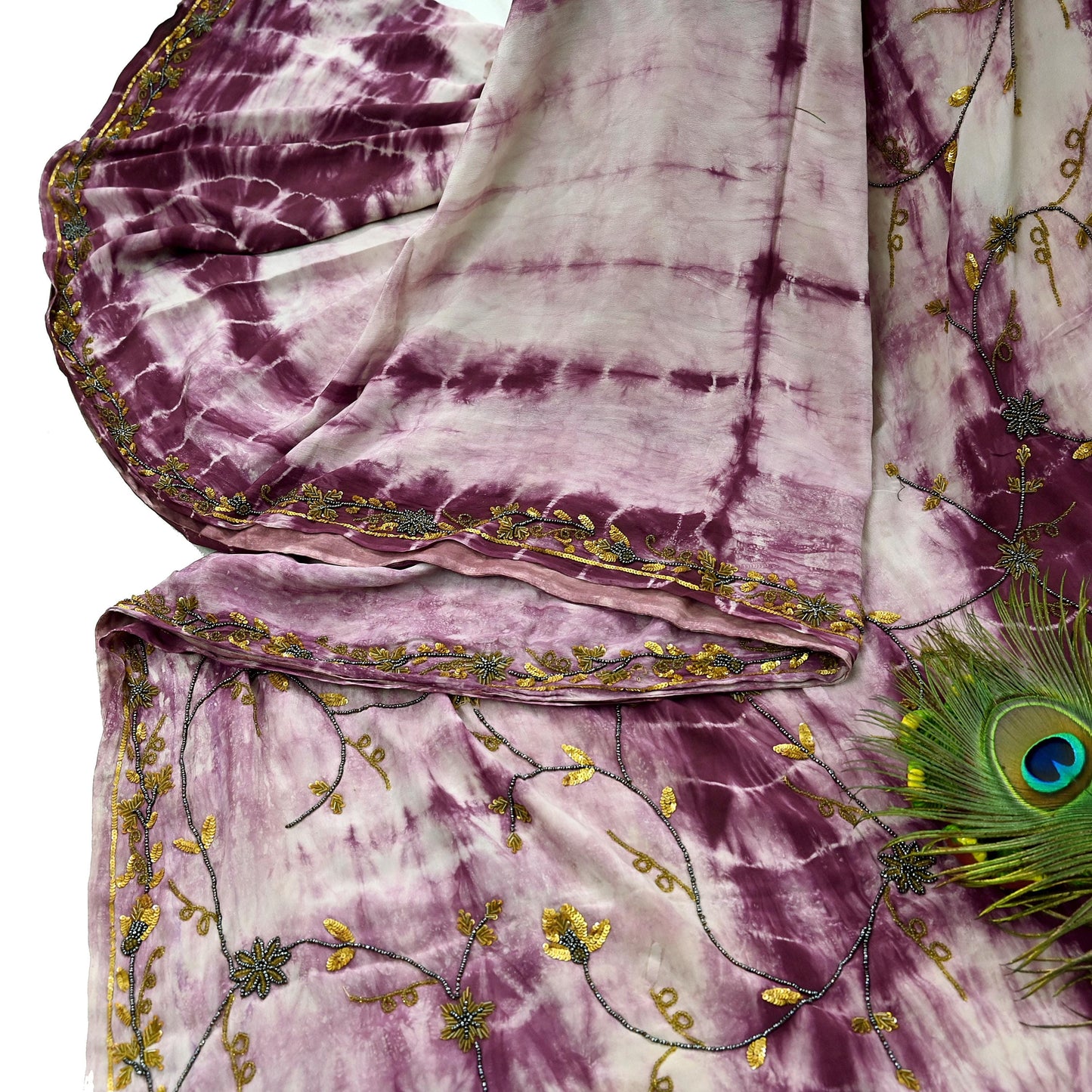 Indian Vintage Purple & Ivory Saree Pure Crepe Silk Hand Embroidered Tie-Dye Sari Fabric 5yard Sewing Craft Fabric Ethnic zari