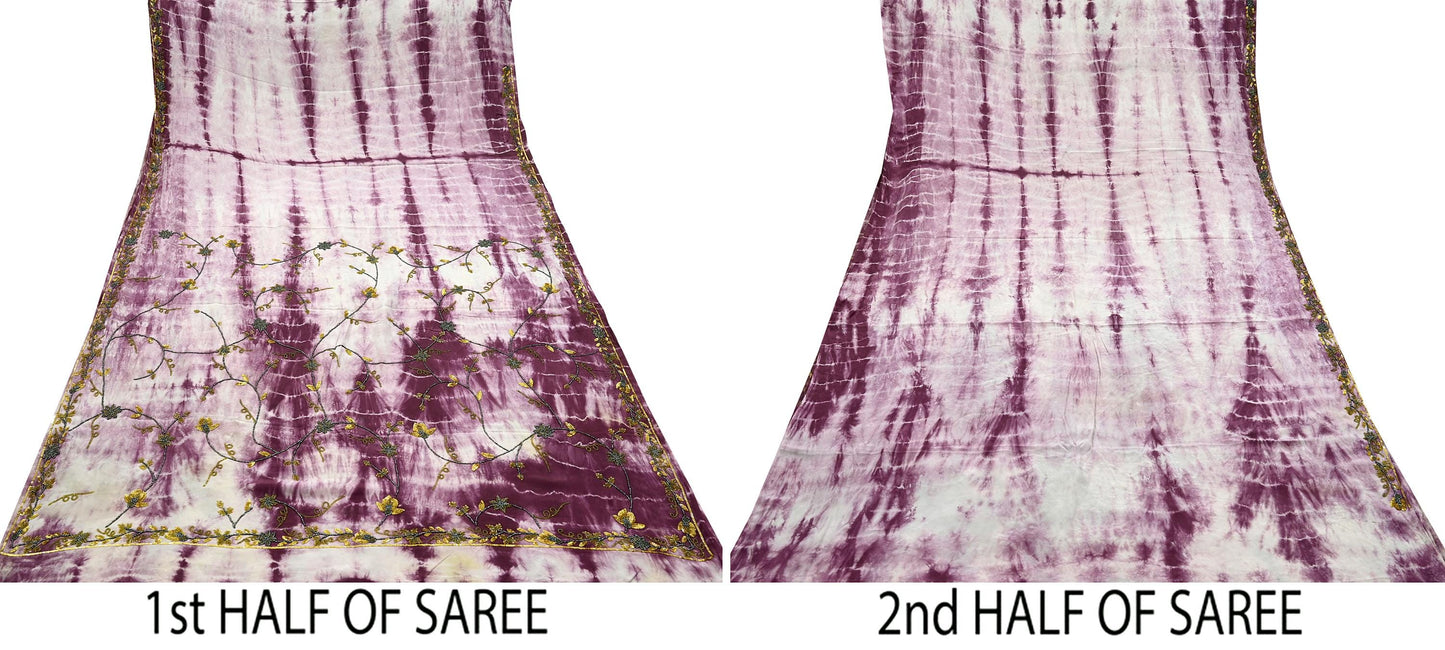 Indian Vintage Purple & Ivory Saree Pure Crepe Silk Hand Embroidered Tie-Dye Sari Fabric 5yard Sewing Craft Fabric Ethnic zari