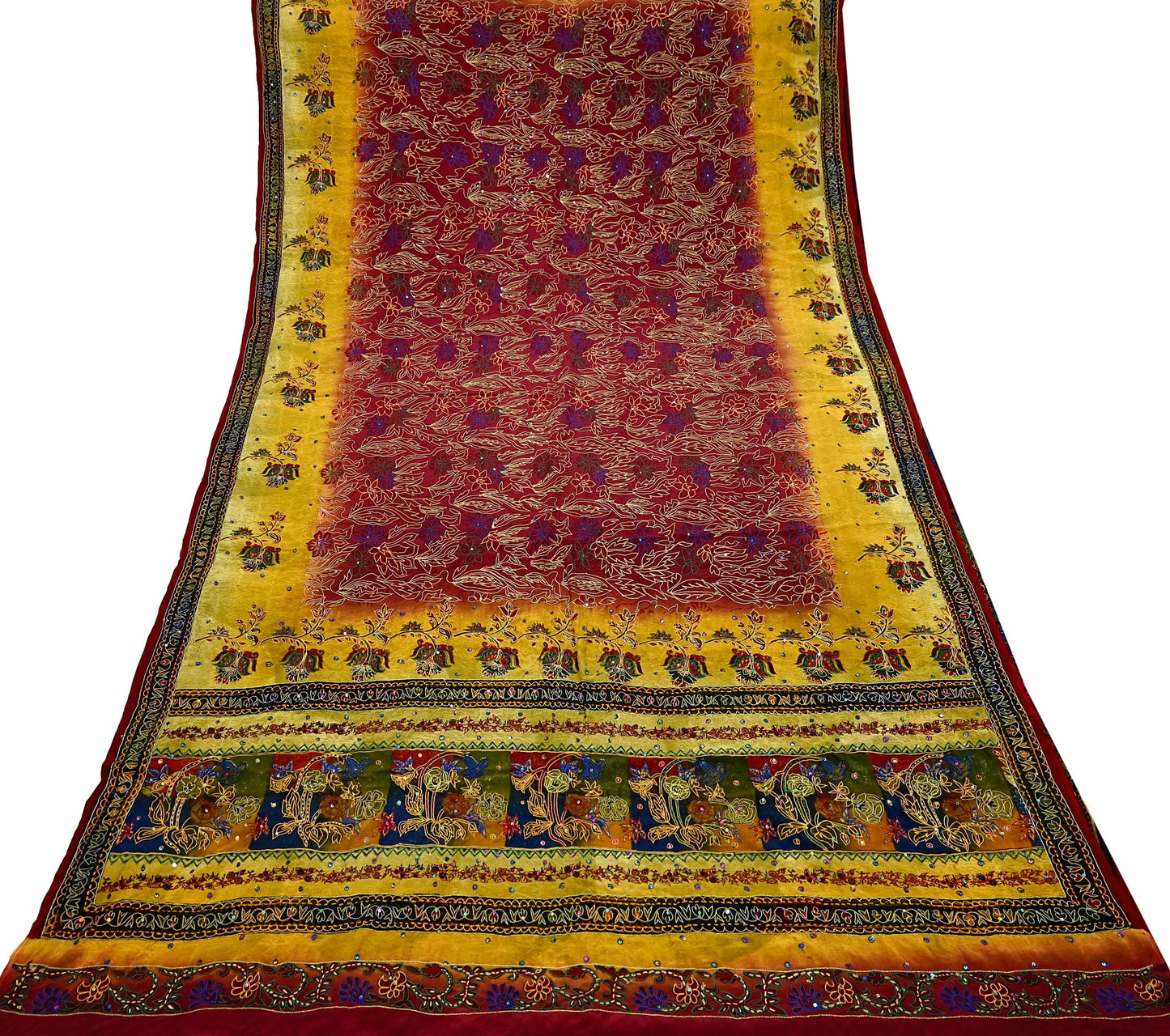 Indian Vintage Sari Pure Crepe Silk Hand Embroidered Saree 5yd Sewing Floral Craft Fabric Sequins Dress making Crafting Quilting