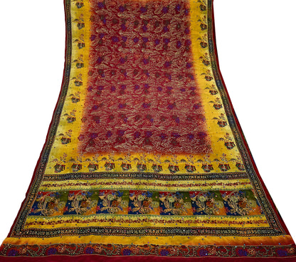 Indian Vintage Sari Pure Crepe Silk Hand Embroidered Saree 5yd Sewing Floral Craft Fabric Sequins Dress making Crafting Quilting
