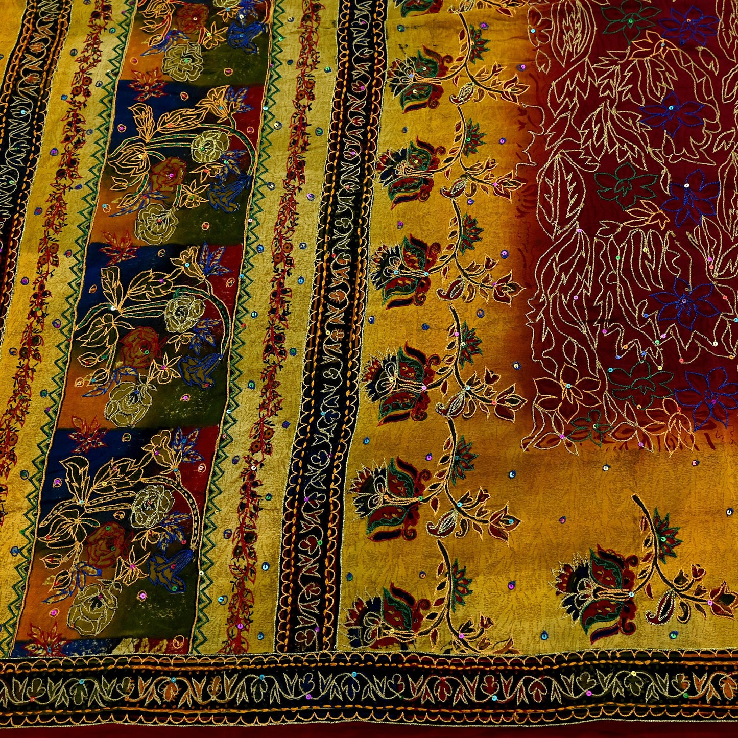 Indian Vintage Sari Pure Crepe Silk Hand Embroidered Saree 5yd Sewing Floral Craft Fabric Sequins Dress making Crafting Quilting