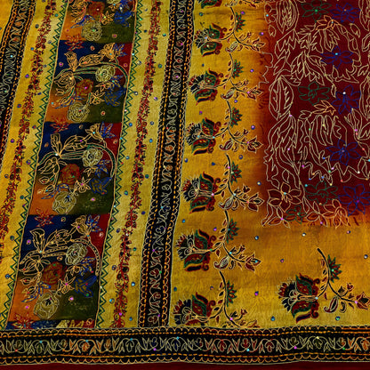 Indian Vintage Sari Pure Crepe Silk Hand Embroidered Saree 5yd Sewing Floral Craft Fabric Sequins Dress making Crafting Quilting