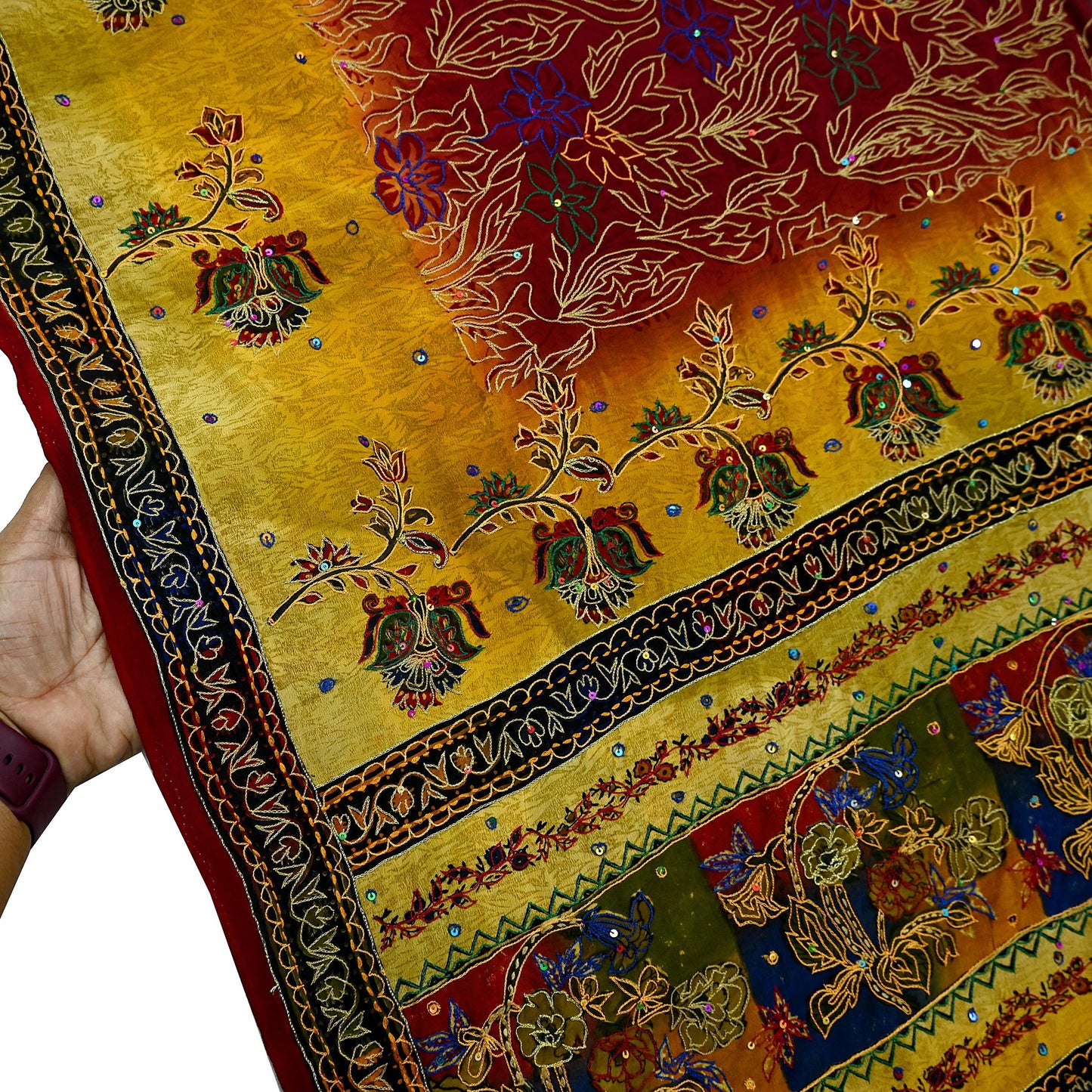 Indian Vintage Sari Pure Crepe Silk Hand Embroidered Saree 5yd Sewing Floral Craft Fabric Sequins Dress making Crafting Quilting