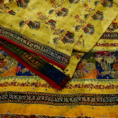 Indian Vintage Sari Pure Crepe Silk Hand Embroidered Saree 5yd Sewing Floral Craft Fabric Sequins Dress making Crafting Quilting