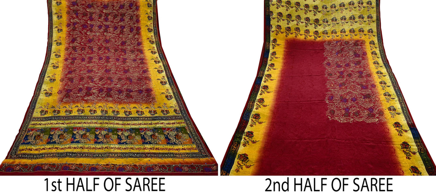 Indian Vintage Sari Pure Crepe Silk Hand Embroidered Saree 5yd Sewing Floral Craft Fabric Sequins Dress making Crafting Quilting