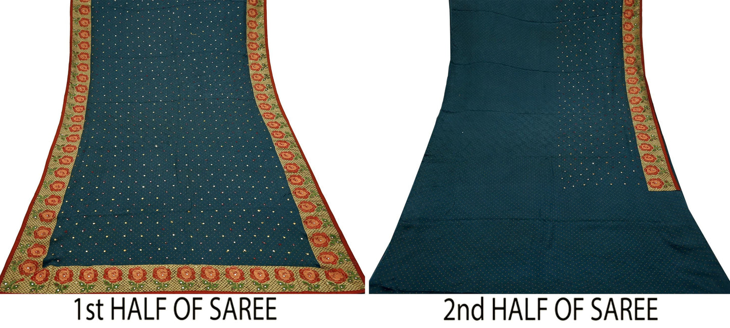 Indian Vintage Sari Gray Pure Crepe Silk Hand Embroidered Saree 5yard Sewing Floral Craft Fabric Sequins Zari