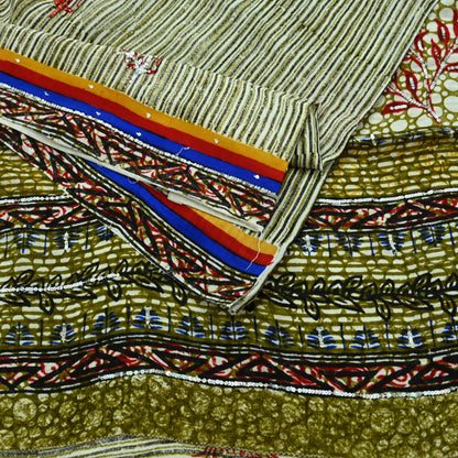 Indian Vintage Sari Pure Crepe Silk Hand Embroidered Saree 5yd Sewing Floral Craft Fabric Sequins Dress making Crafting Quilting