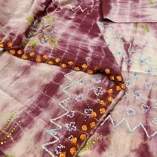 Indian Vintage Saree Pure Crepe Silk Hand Embroidered Tie-Dye Sari Fabric 5yard Sewing Craft Fabric Ethnic Dressmaking Crafting Zardozi Zari