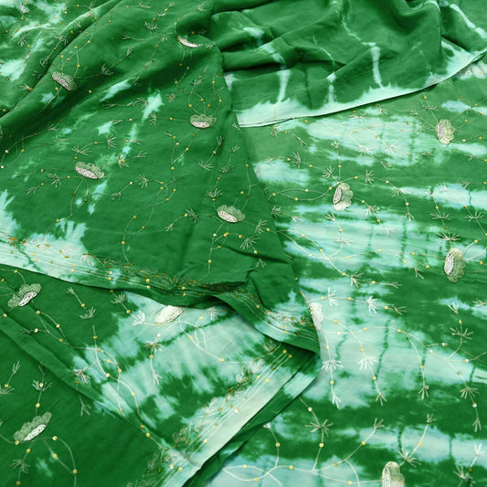 Indian Vintage Saree Pure Crepe Silk Hand Embroidered Tie-Dye Sari Fabric 5yard Sewing Craft Fabric Ethnic Dressmaking Crafting Zardozi Zari