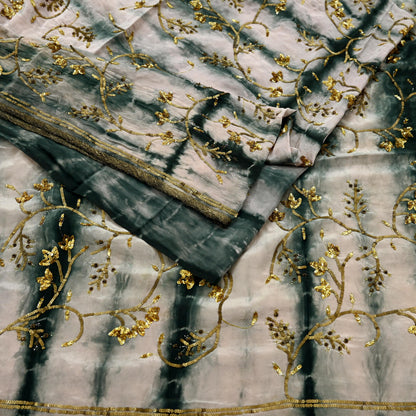 Indian Vintage Saree Pure Crepe Silk Hand Embroidered Tie-Dye Sari Fabric 5yard Sewing Craft Fabric Ethnic Dressmaking Crafting Zardozi Zari