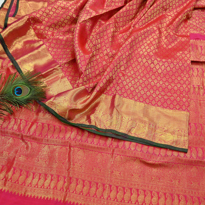 Indian Vintage Heavy Rani Pink Hand woven Kanjivaram Saree 100% Pure Silk Sari Metallic Golden Zari 5Yd Floral Crafting Dress making Fringes
