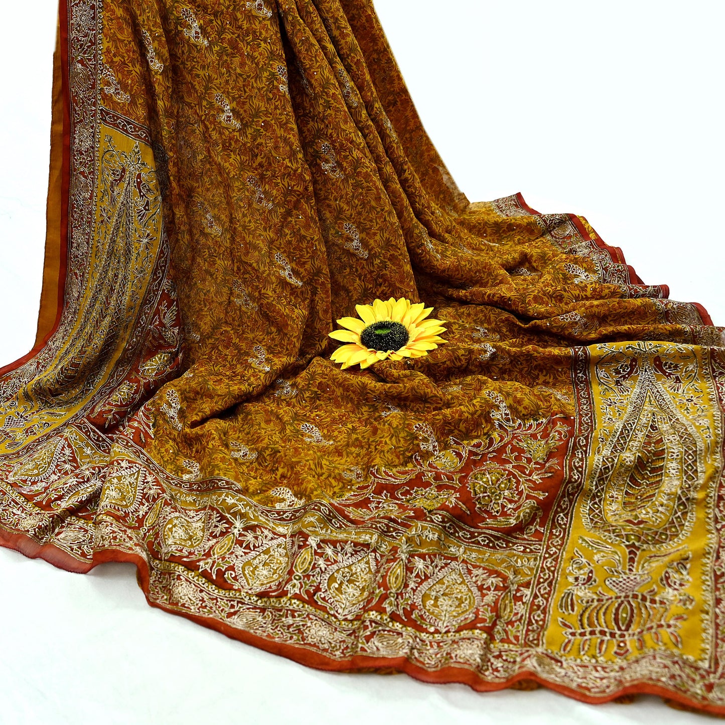 Indian Vintage Saree Pure Chiffon Silk Pre-owned Hand Beaded Ritu Kumar Designer Sari Fabric 6-Yards Soft Ethnic Bollywood Party sarees