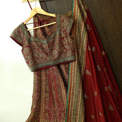 Indian Pre-owned Maroon Pure Silk Hand Embroidered Ritu Kumar Designer Lehenga 3pcs Set Ethnic Bollywood Party Wear