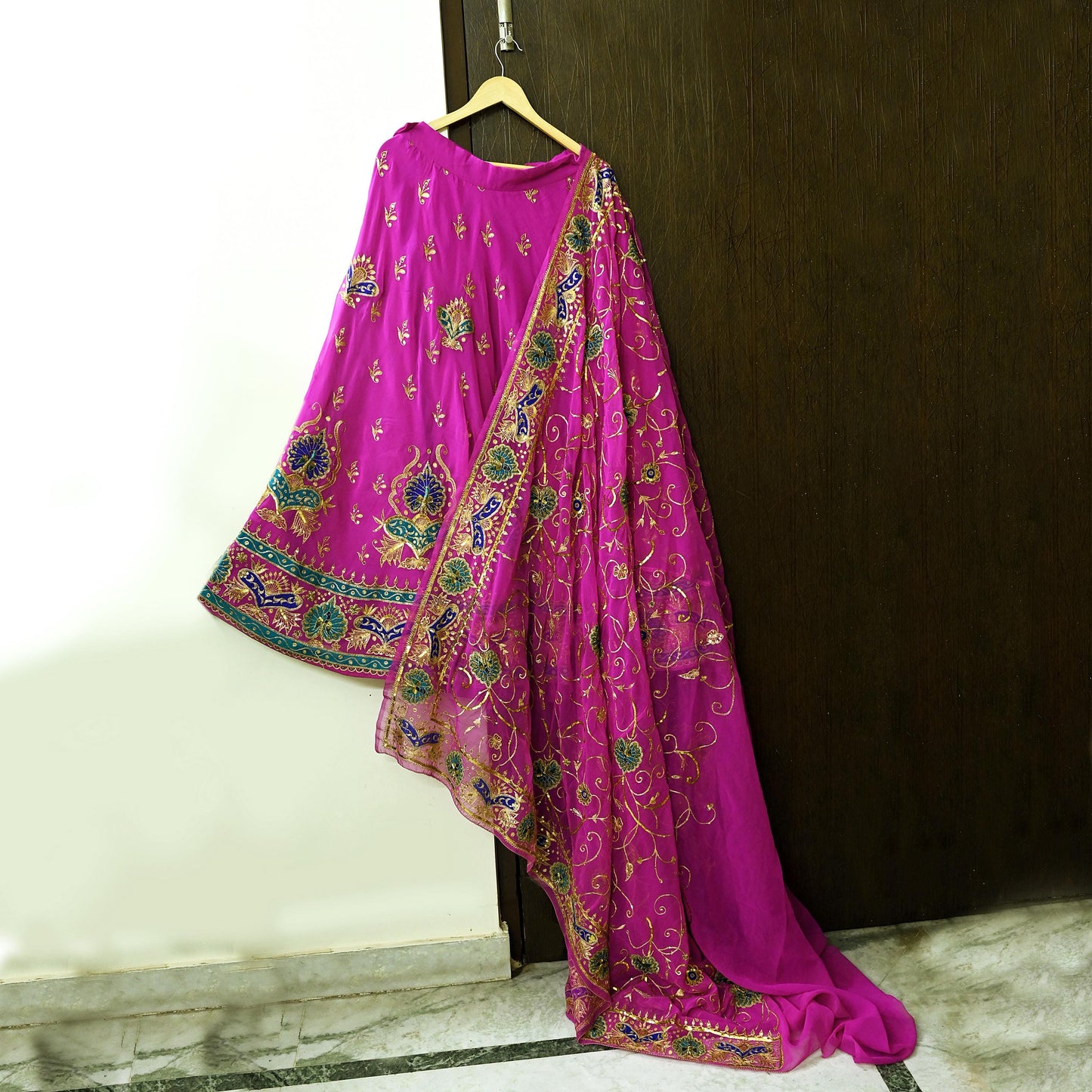 Indian Vintage Magenta American Georgette Hand Embroidered Rajputi Phoshak Lehenga/Dupatta 2pcs Set Bridal Party Wear Peacock Design Zari