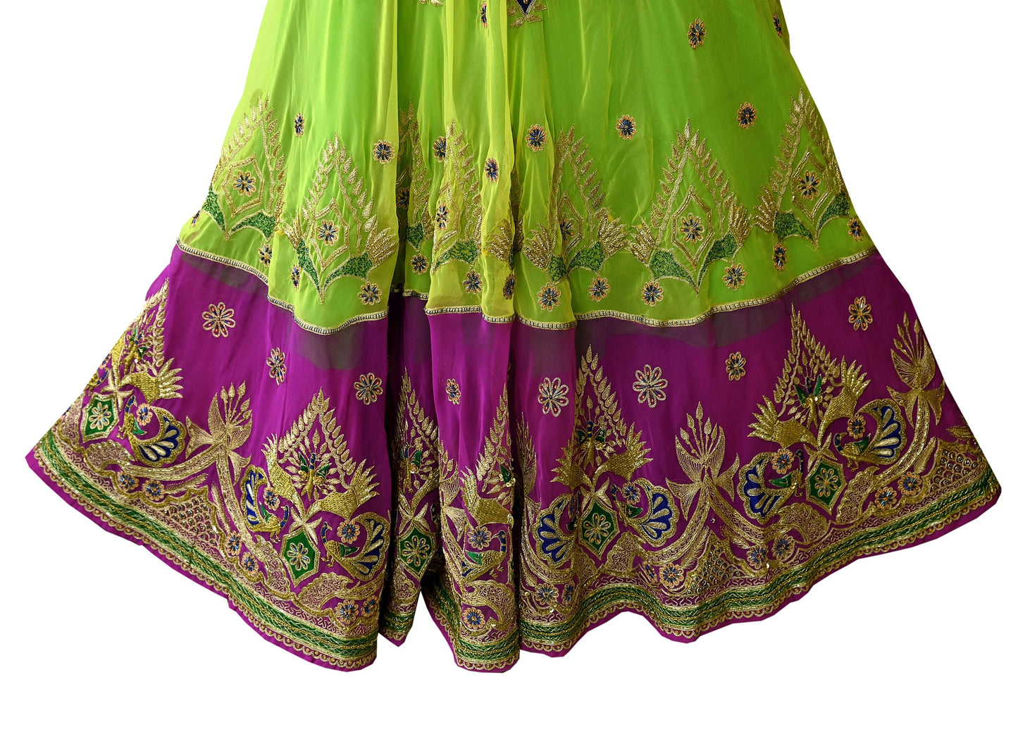 Indian Vintage Magenta & Green American Georgette Hand Embroidered Rajputi Phoshak Lehenga/Dupatta 2pcs Set Bridal Party Wear Peacock Design