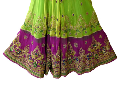 Indian Vintage Magenta & Green American Georgette Hand Embroidered Rajputi Phoshak Lehenga/Dupatta 2pcs Set Bridal Party Wear Peacock Design
