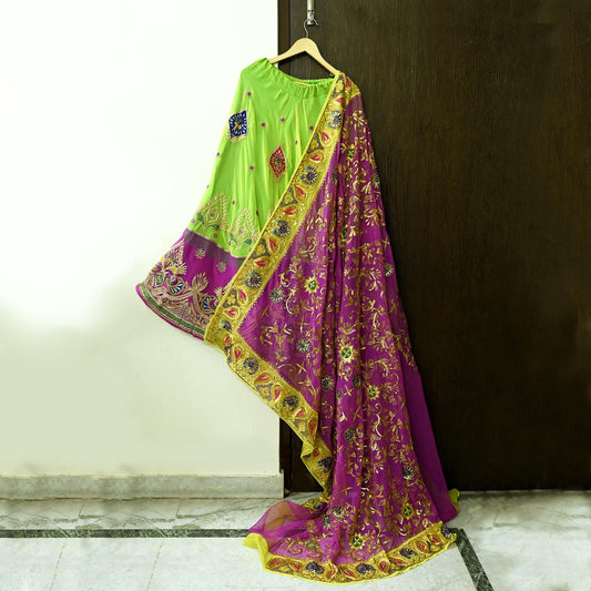 Indian Vintage Magenta & Green American Georgette Hand Embroidered Rajputi Phoshak Lehenga/Dupatta 2pcs Set Bridal Party Wear Peacock Design