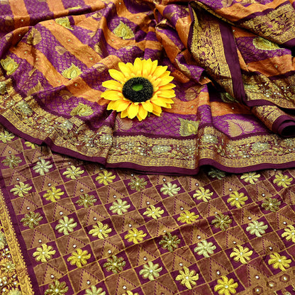 Indian Vintage Heavy Hand woven Kanjivaram Saree 100% Pure Silk Sari Metallic Golden Zari 5Yd Floral Crafting Dress making Fringes