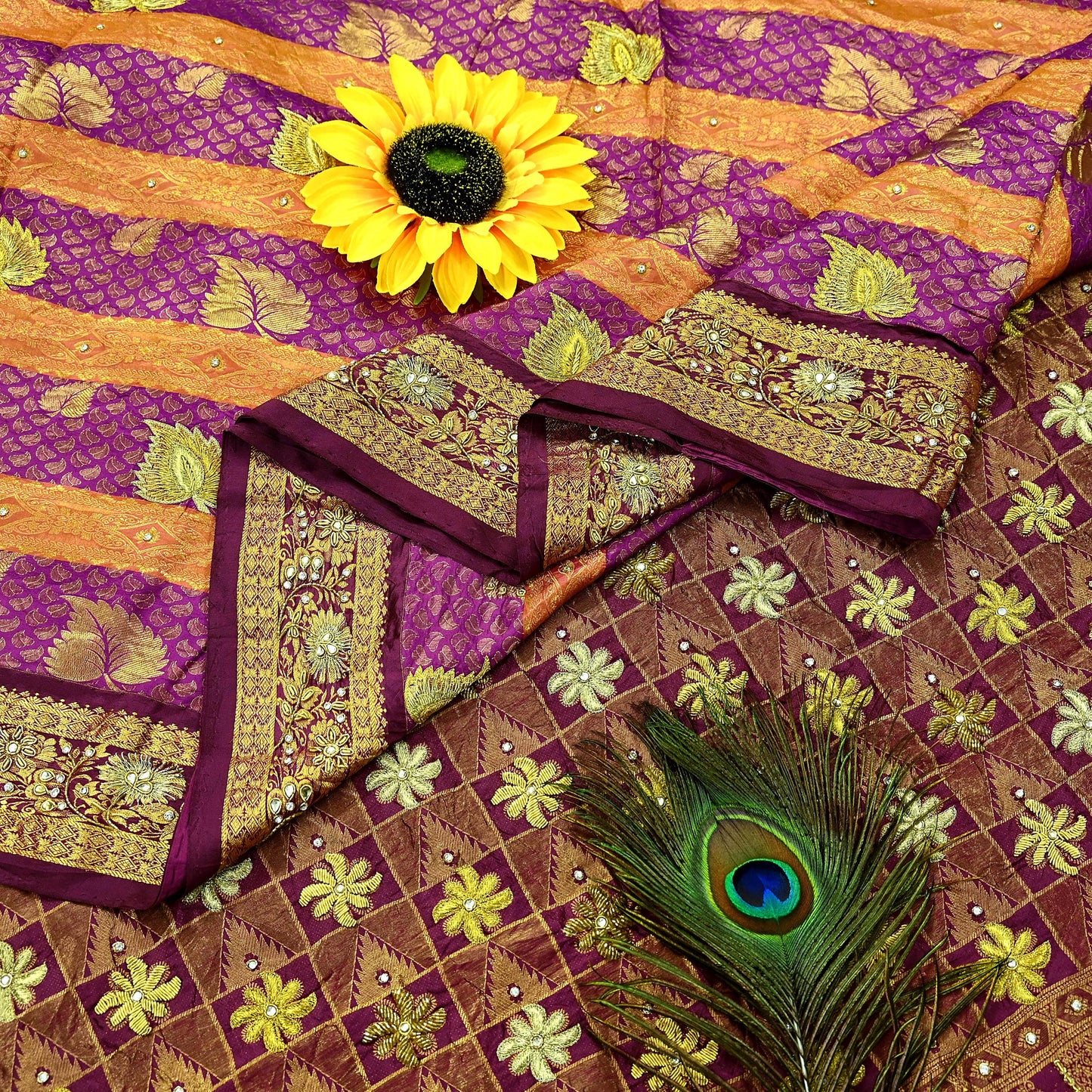Indian Vintage Heavy Hand woven Kanjivaram Saree 100% Pure Silk Sari Metallic Golden Zari 5Yd Floral Crafting Dress making Fringes