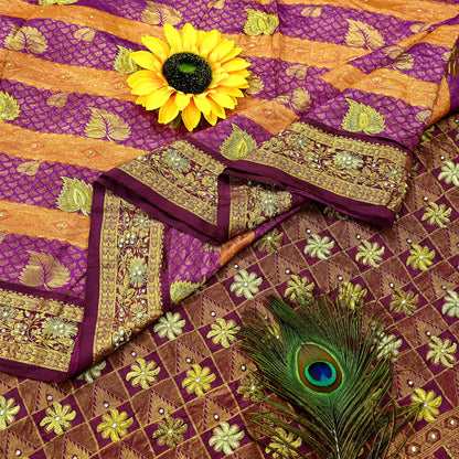 Indian Vintage Heavy Hand woven Kanjivaram Saree 100% Pure Silk Sari Metallic Golden Zari 5Yd Floral Crafting Dress making Fringes