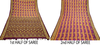 Indian Vintage Heavy Hand woven Kanjivaram Saree 100% Pure Silk Sari Metallic Golden Zari 5Yd Floral Crafting Dress making Fringes