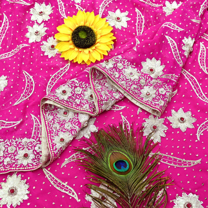 Indian Pre-owned Heavy Sari Rani Pink Pure Georgette Silk Hand Embroidered Sarees Designer Abu Jani 6Yd Sewing Ethnic Sarees