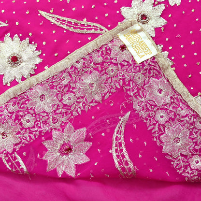 Indian Pre-owned Heavy Sari Rani Pink Pure Georgette Silk Hand Embroidered Sarees Designer Abu Jani 6Yd Sewing Ethnic Sarees