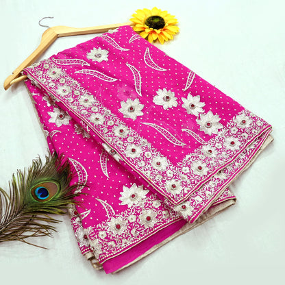 Indian Pre-owned Heavy Sari Rani Pink Pure Georgette Silk Hand Embroidered Sarees Designer Abu Jani 6Yd Sewing Ethnic Sarees