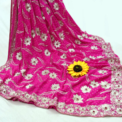 Indian Pre-owned Heavy Sari Rani Pink Pure Georgette Silk Hand Embroidered Sarees Designer Abu Jani 6Yd Sewing Ethnic Sarees