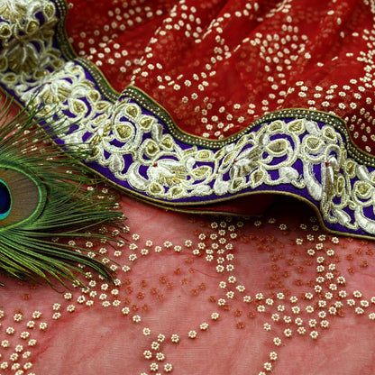 Indian Pre-Owned Sari Red Net/Mesh Hand Embroidered Designer Manish Malhotra Sarees 6Yd Ethnic Zardozi/Dabka Zari Wedding Saree