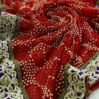 Indian Pre-Owned Sari Red Net/Mesh Hand Embroidered Designer Manish Malhotra Sarees 6Yd Ethnic Zardozi/Dabka Zari Wedding Saree
