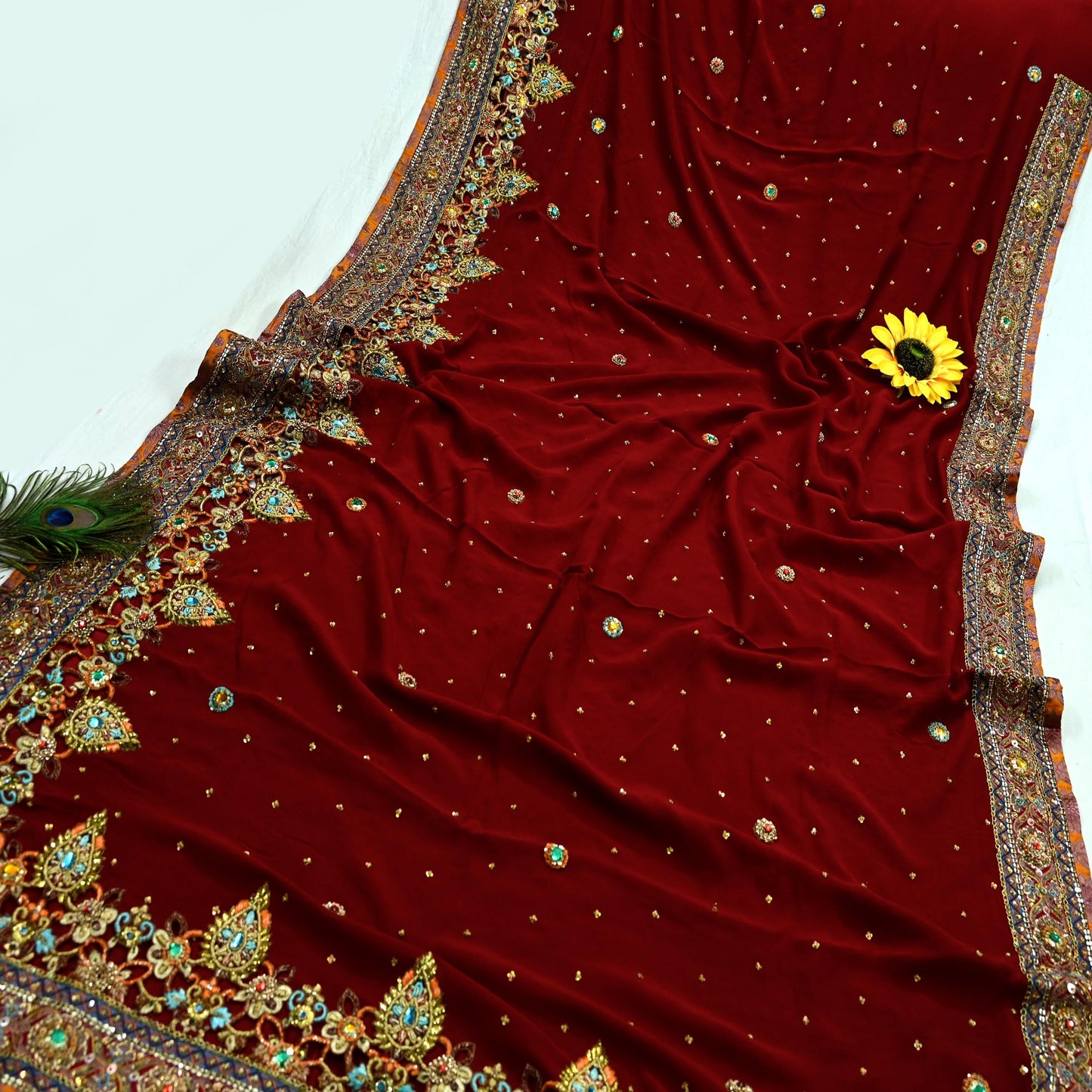 Indian Pre-owned Sari Maroon Pure Georgette Silk Hand Embroidered Anamika Khanna Designer Sarees Ethnic 6Yd Sewing  Zardozi Wedding Sarees