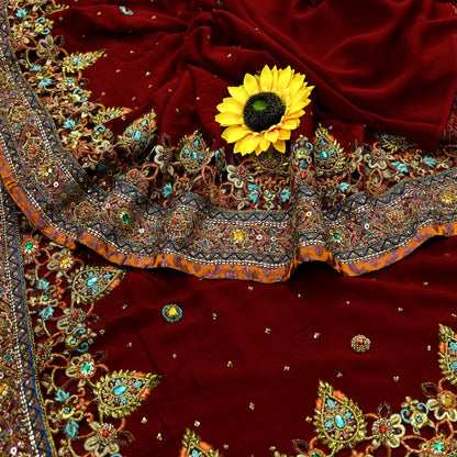 Indian Pre-owned Sari Maroon Pure Georgette Silk Hand Embroidered Anamika Khanna Designer Sarees Ethnic 6Yd Sewing  Zardozi Wedding Sarees