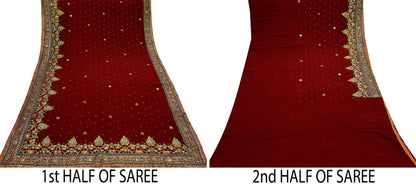 Indian Pre-owned Sari Maroon Pure Georgette Silk Hand Embroidered Anamika Khanna Designer Sarees Ethnic 6Yd Sewing  Zardozi Wedding Sarees