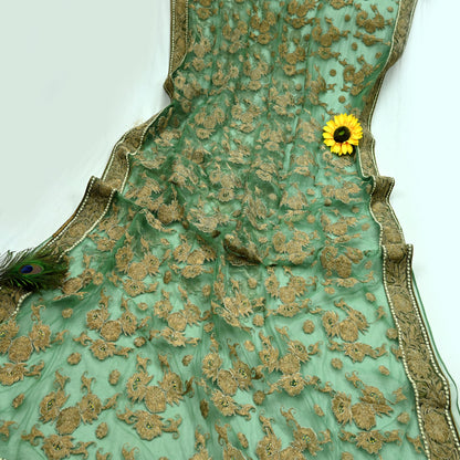 Indian Pre-Owned Sari Green Net/Mesh Hand Embroidered Designer Manish Malhotra Sarees 6Yd Ethnic Zardozi/Dabka Zari Wedding Saree