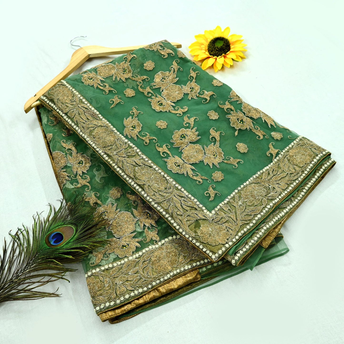 Indian Pre-Owned Sari Green Net/Mesh Hand Embroidered Designer Manish Malhotra Sarees 6Yd Ethnic Zardozi/Dabka Zari Wedding Saree