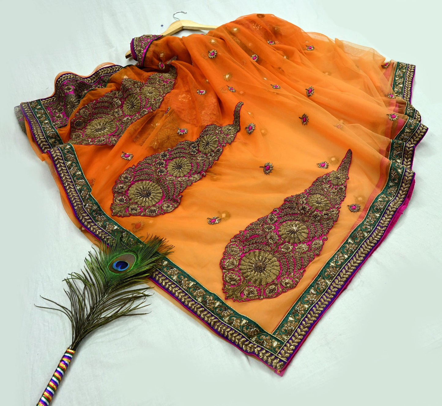 Indian Pre-owned Saree Orange Mesh/Net Hand Embroidered Sabyasachi Designer Sari 6Yd Soft Ethnic Bollywood Party saree
