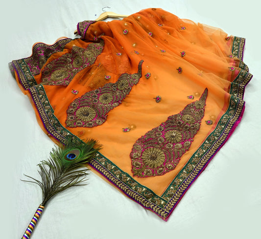 Indian Pre-owned Saree Orange Mesh/Net Hand Embroidered Sabyasachi Designer Sari 6Yd Soft Ethnic Bollywood Party saree