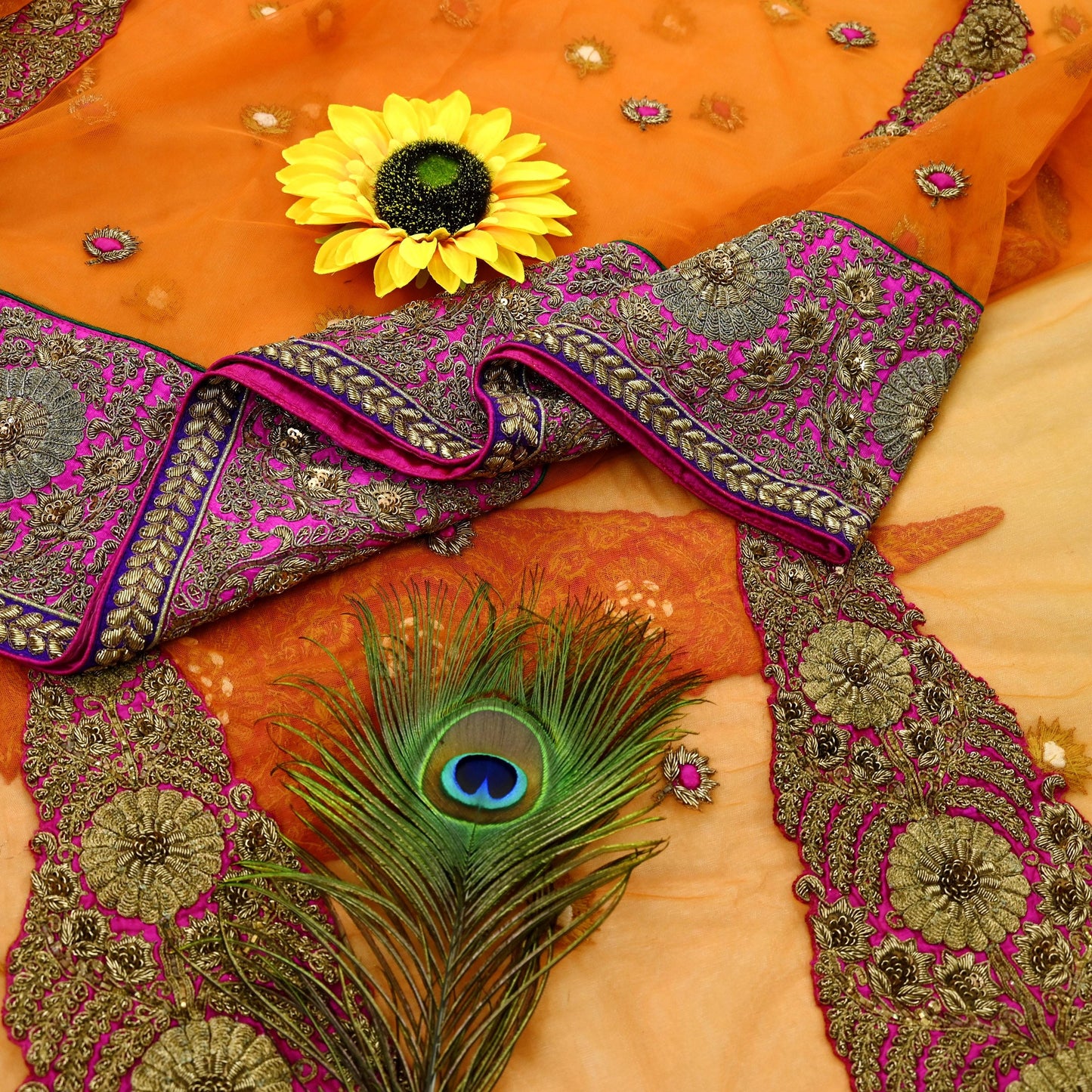 Indian Pre-owned Saree Orange Mesh/Net Hand Embroidered Sabyasachi Designer Sari 6Yd Soft Ethnic Bollywood Party saree