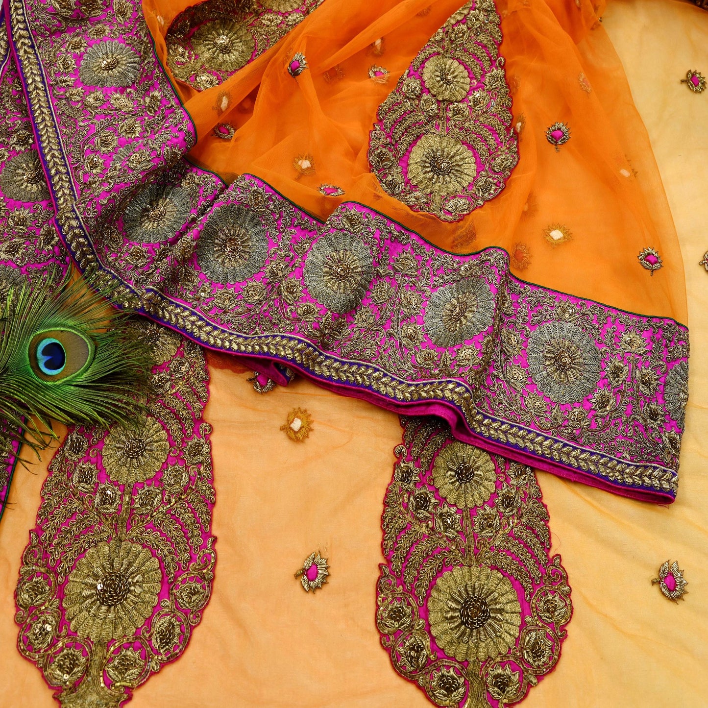 Indian Pre-owned Saree Orange Mesh/Net Hand Embroidered Sabyasachi Designer Sari 6Yd Soft Ethnic Bollywood Party saree